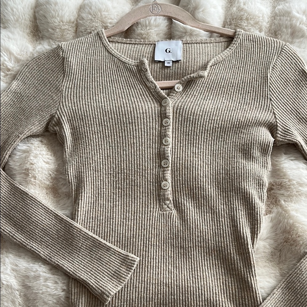 Tan Ribbed Button Down Polo Shirt